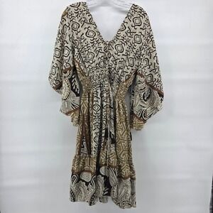 Ethnik Art of India Bohemian Kaftan Midi Dress Small Metallic Gold Beige Boho